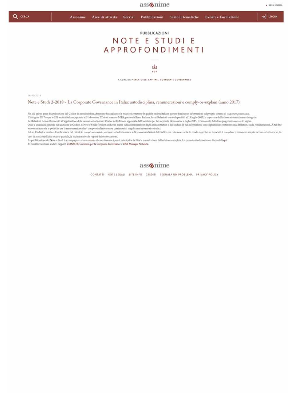 La Corporate Governance in Italia: autodisciplina, remunerazioni e comply-or-explain, 2017 - Note e Studi, 2018