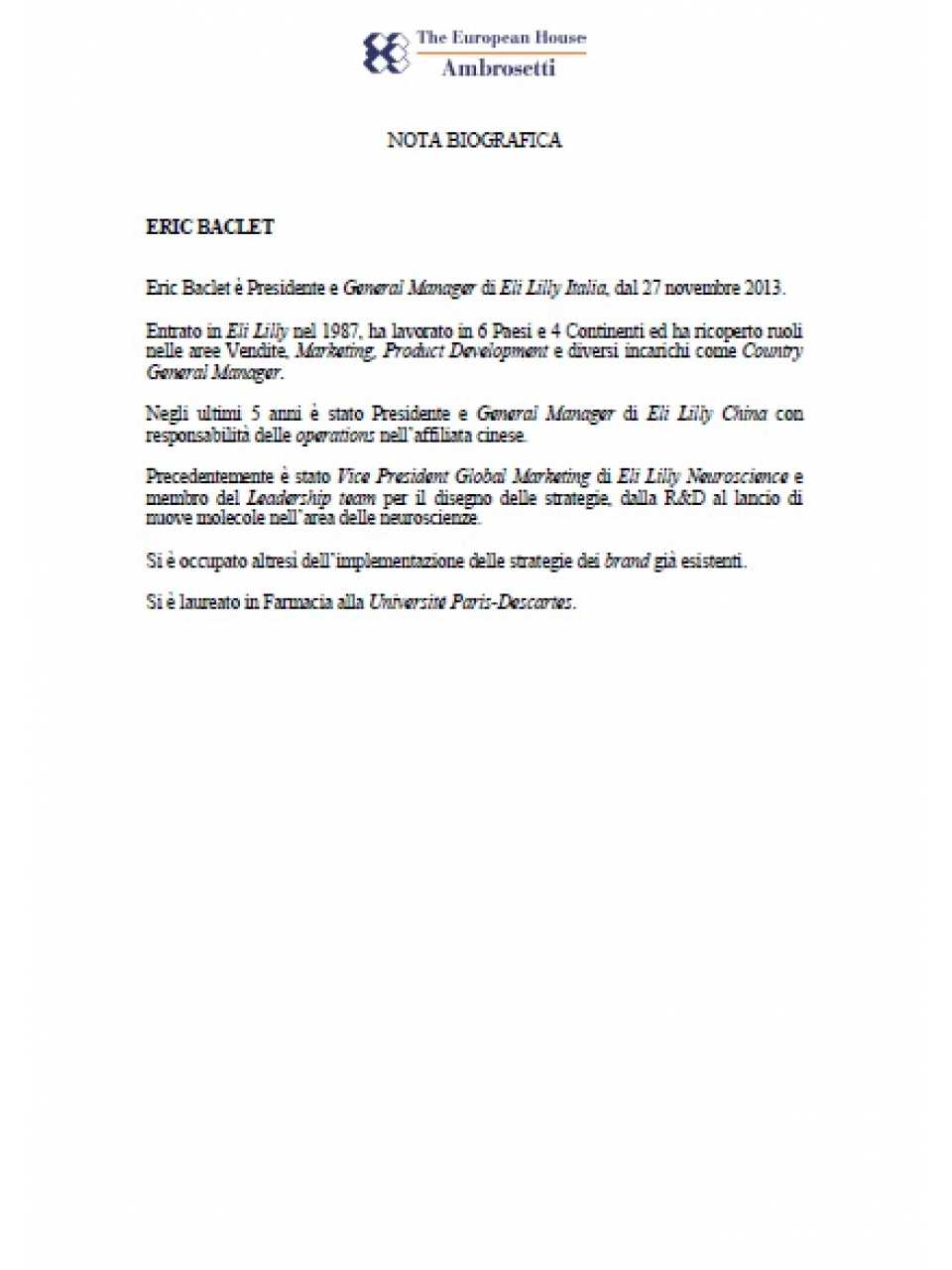Nota biografica - Eric Baclet