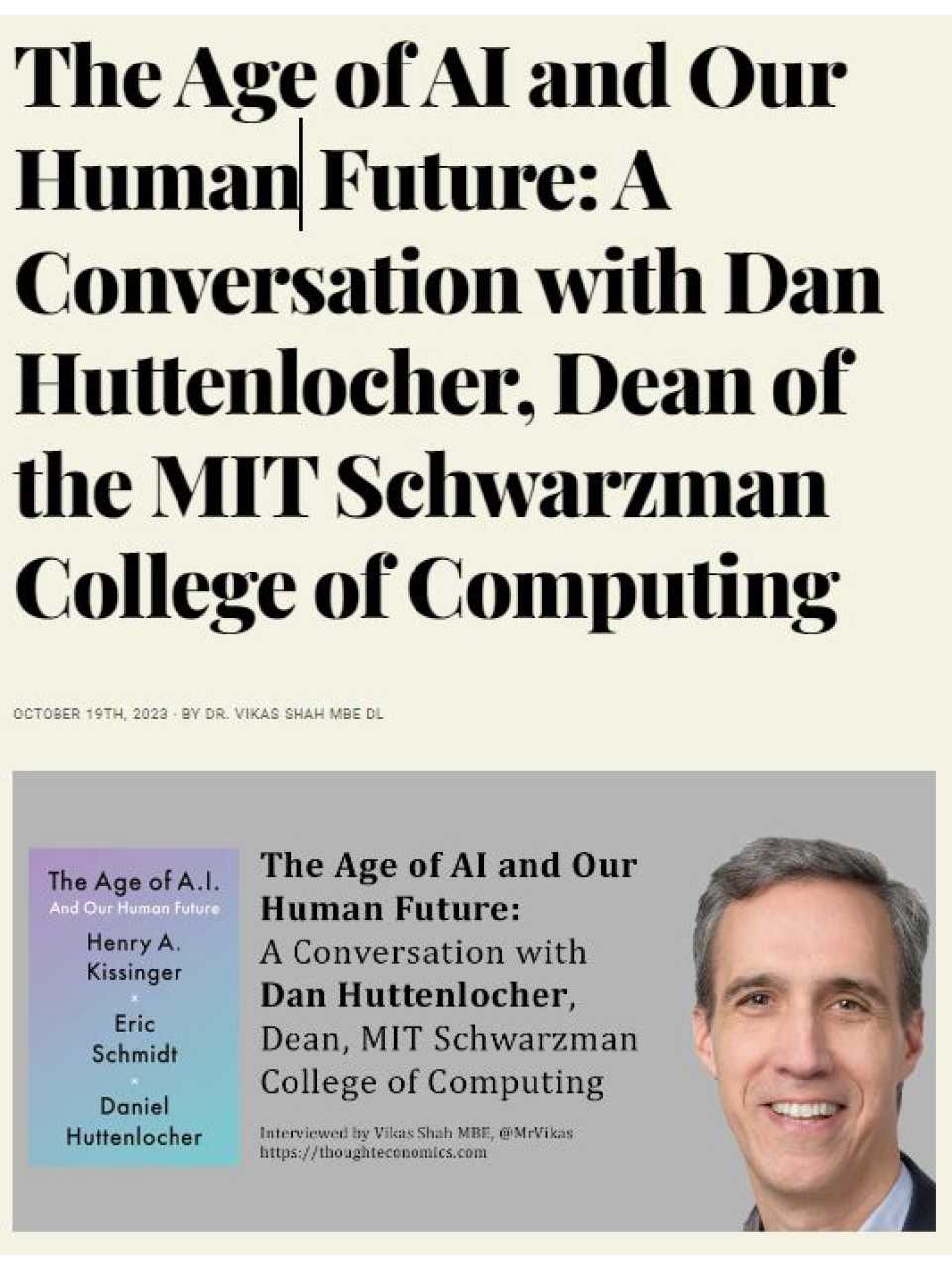 The age of AI and our human future: a conversation with Dan Huttenlocher, dean of the MIT Schwarzman College of Computing