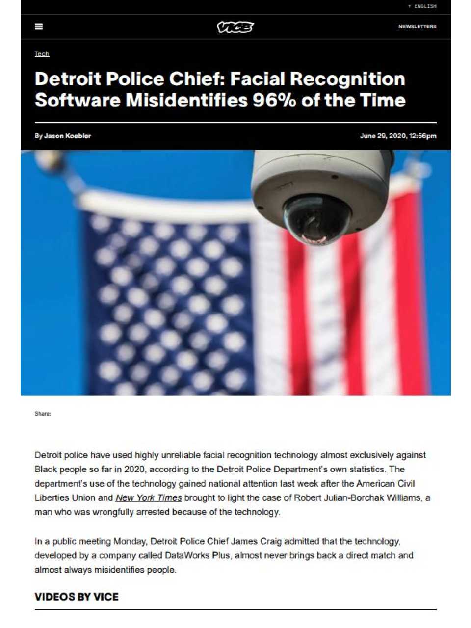 Detroit police chief: facial recognition software misidentifies 96% of the time