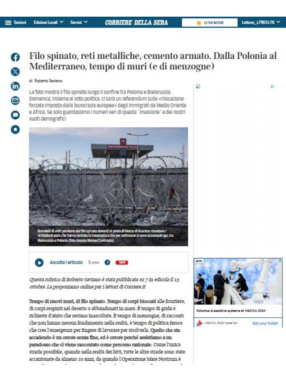 Filo spinato, reti metalliche, cemento armato. Dalla Polonia al Mediterraneo, tempo di muri (e di menzogne)