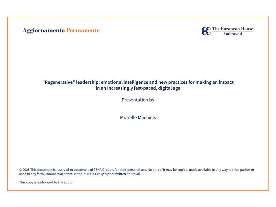 AGGIORNAMENTO PERMANENTEIN PRESENZA
Leadership rigenerativa: intelligenza emotiva e nuove pratiche per essere d’impatto in un'epoca sempre più veloce e digitale (con aperitivo di networking)