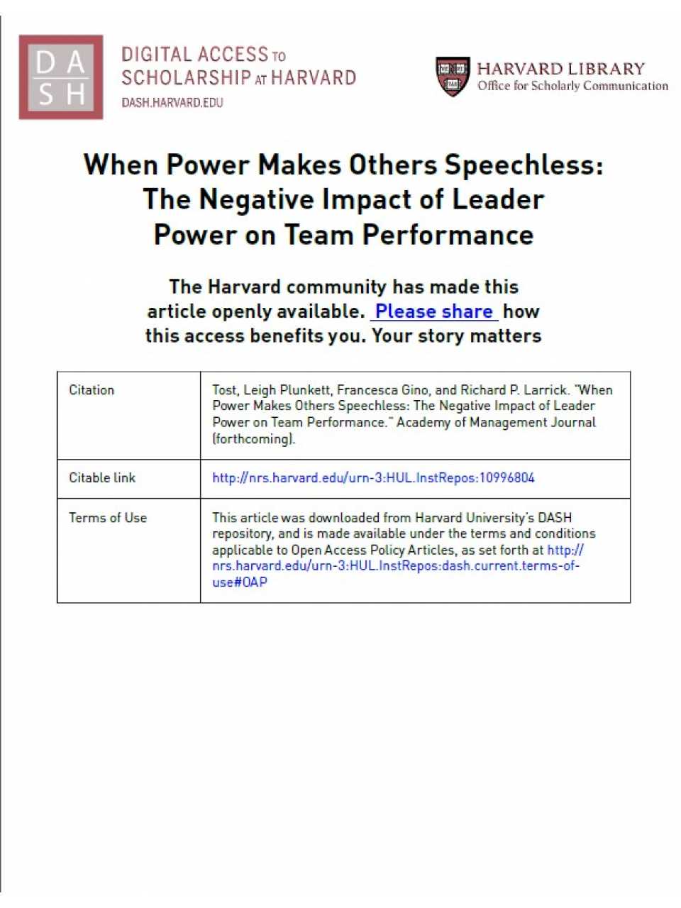 When Power Makes Others Speechless: The Negative Impact of Leader Power on Team Performance
