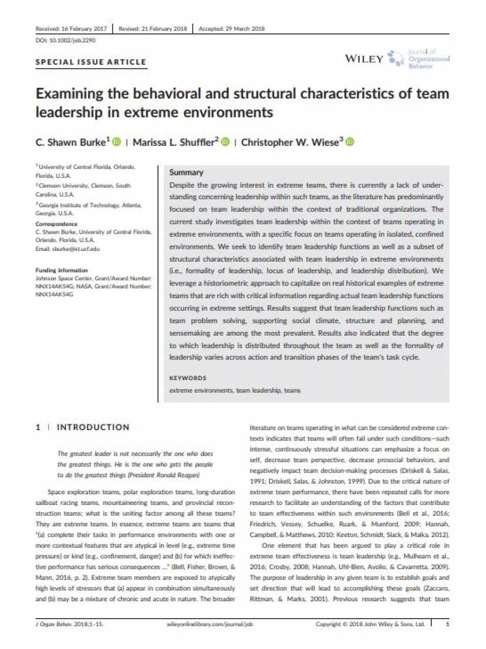 Examining the behavioral and structural characteristics of team leadership in extreme environments