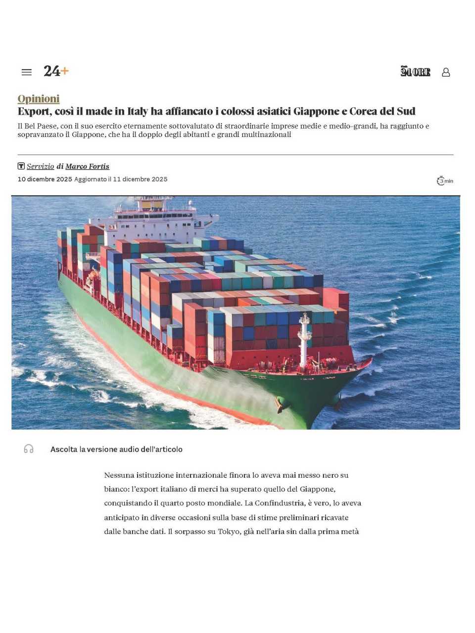 Export lItalia e il sorpasso sul Giappone - L' OCSE certifica il sorpasso sul Giappone dell'Italia che raggiunge il quarto posto nell'export di merci