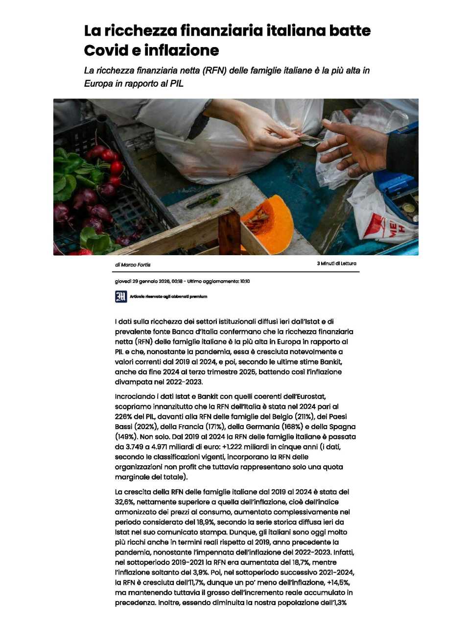 La ricchezza finanziaria italiana batte Covid e inflazione