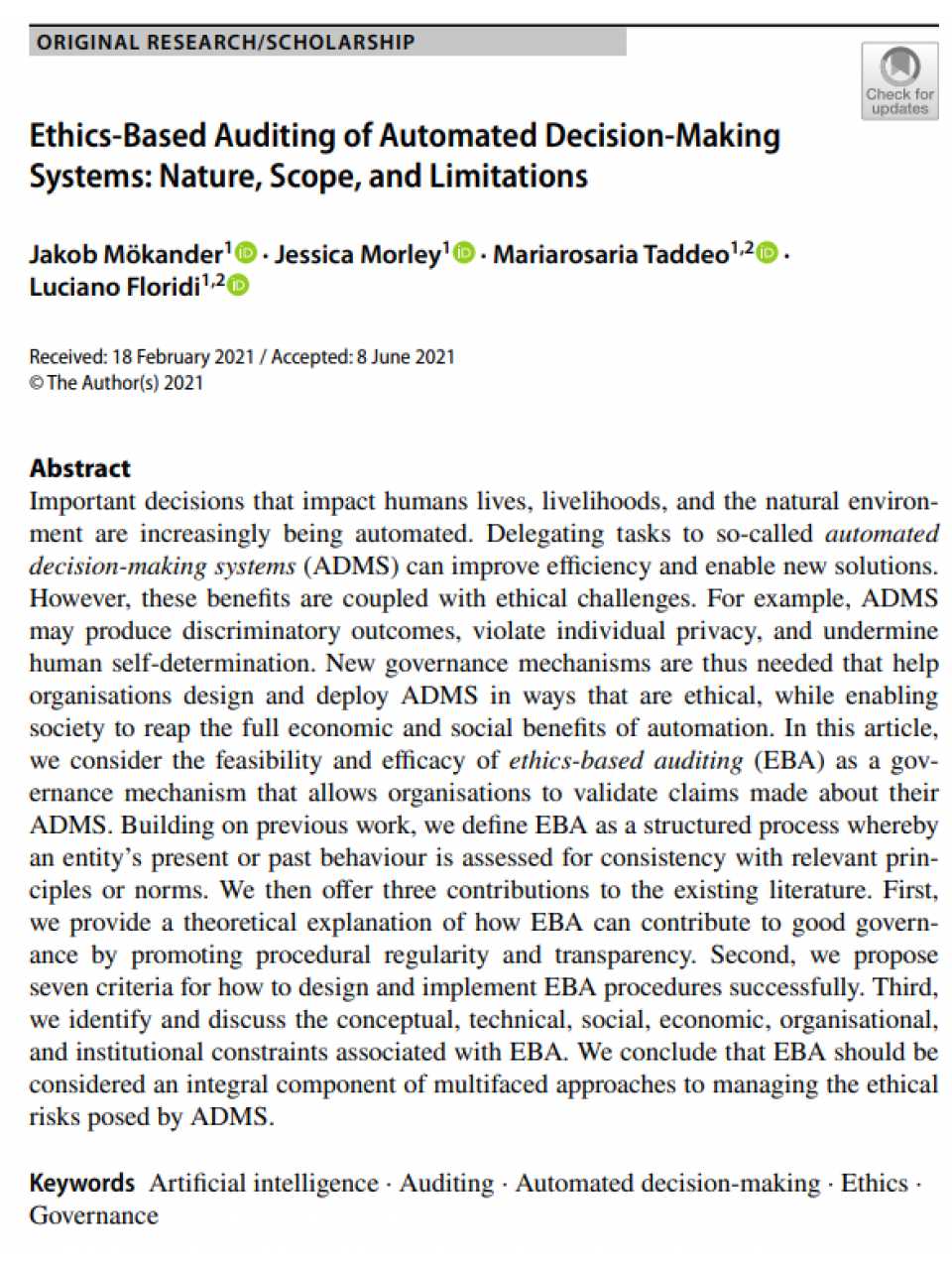 Ethics‑Based Auditing of Automated Decision‑Making Systems: Nature, Scope, and Limitations
