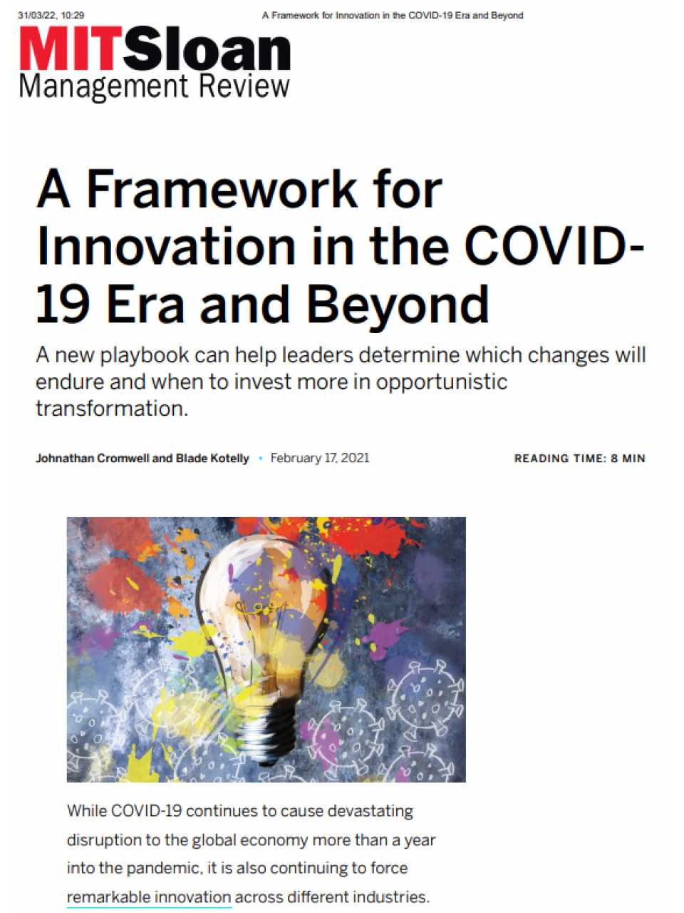 A Framework for Innovation in the COVID-19 Era and Beyond