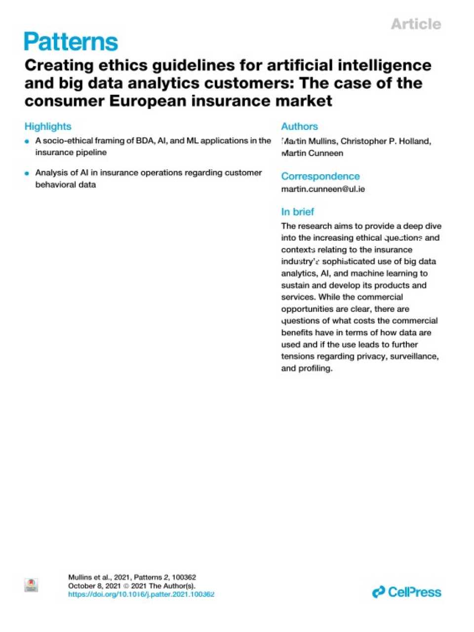 Creating ethics guidelines for artificial intelligence and big data analytics customers: The case of the consumer European insurance market