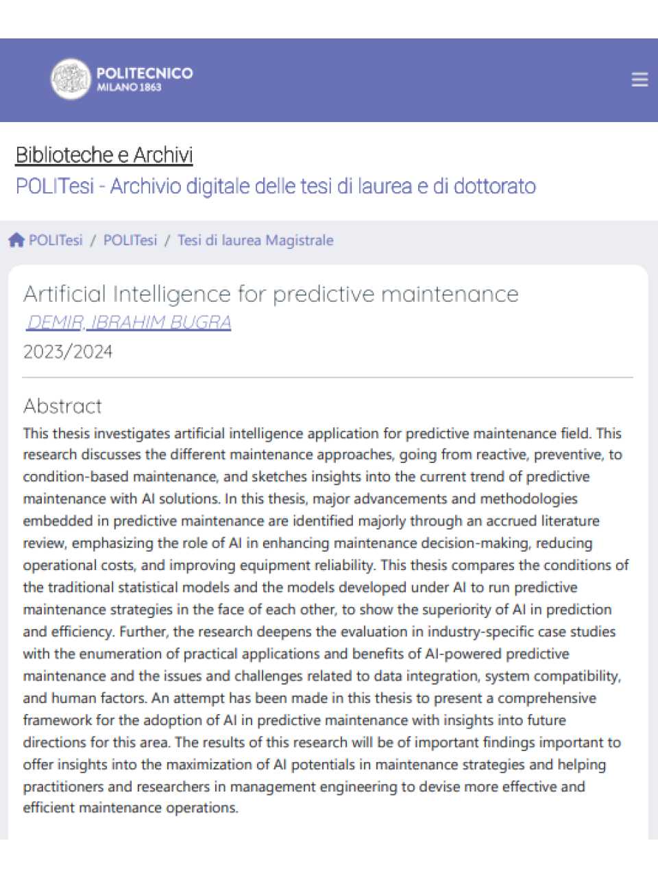 Artificial Intelligence for predictive maintenance