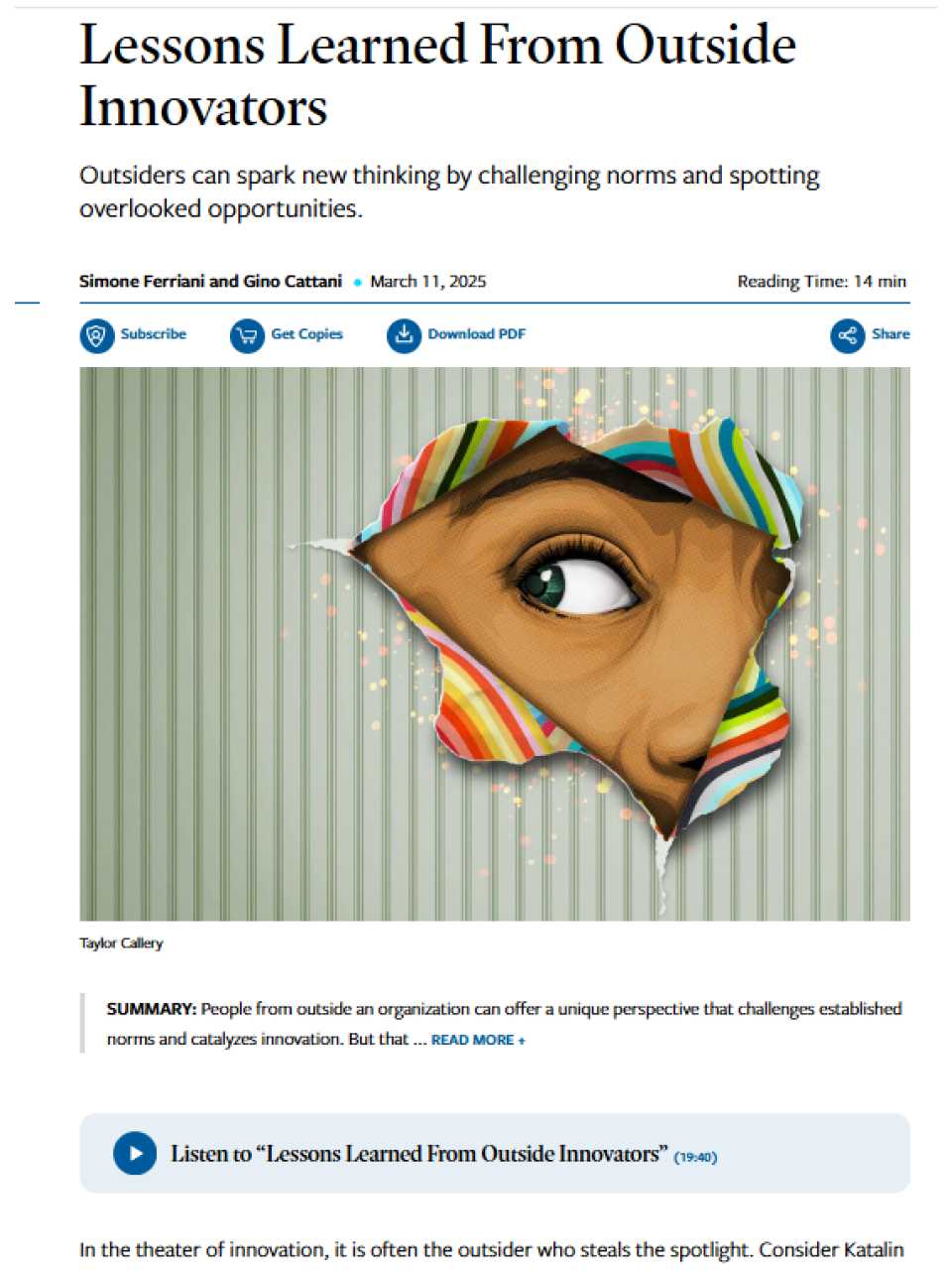 TEHA MANAGEMENT (*)IN PERSON AND VIA WEB
Looking outside to innovate within: ideas, cases, and applications to enable change within organizations (with networking lunch)