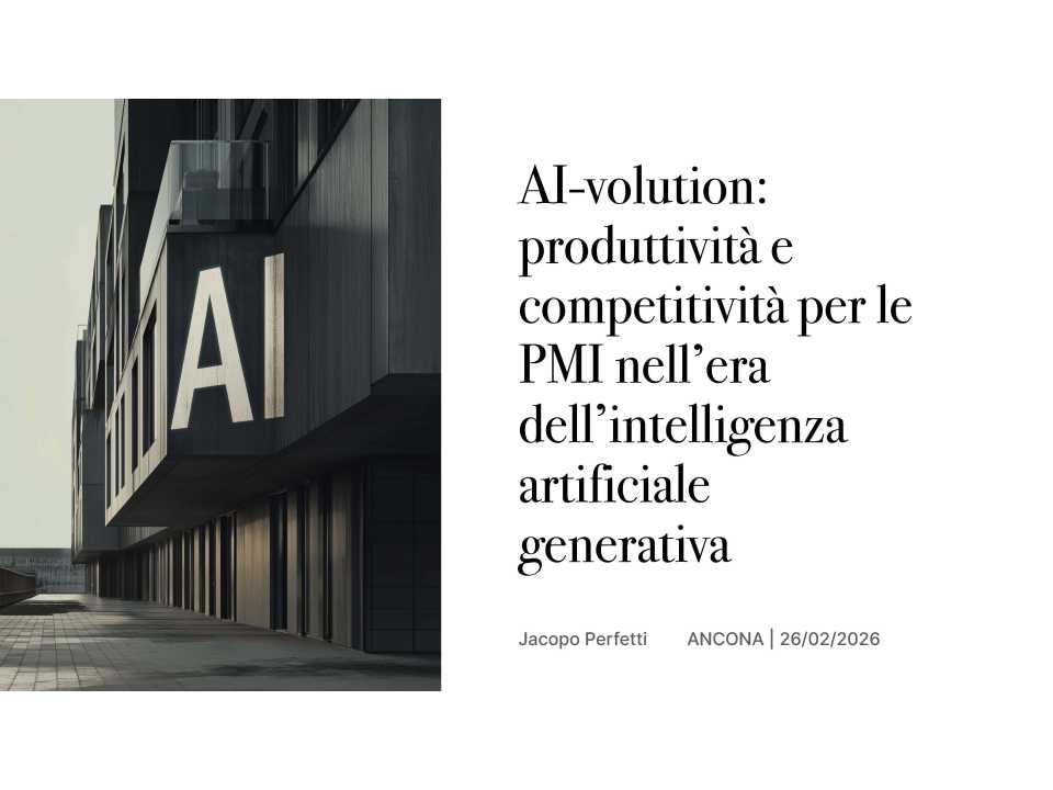 AGGIORNAMENTO PERMANENTEIN PRESENZA
AI-volution: produttività e competitività per le PMI nell’era dell’intelligenza artificiale generativa (con aperitivo di networking)