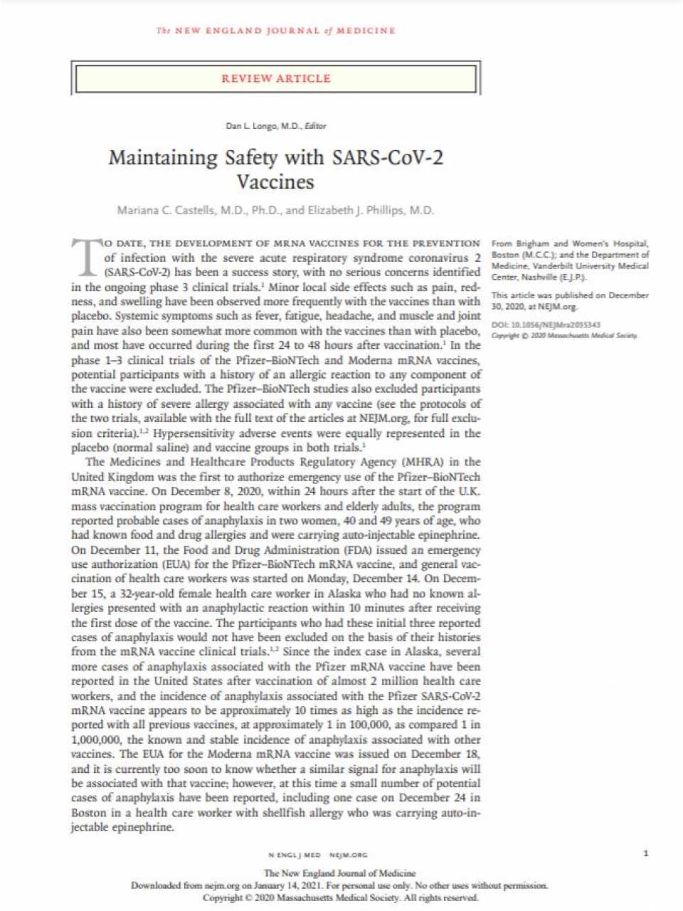 Maintaining Safety with SARS-CoV-2 Vaccines