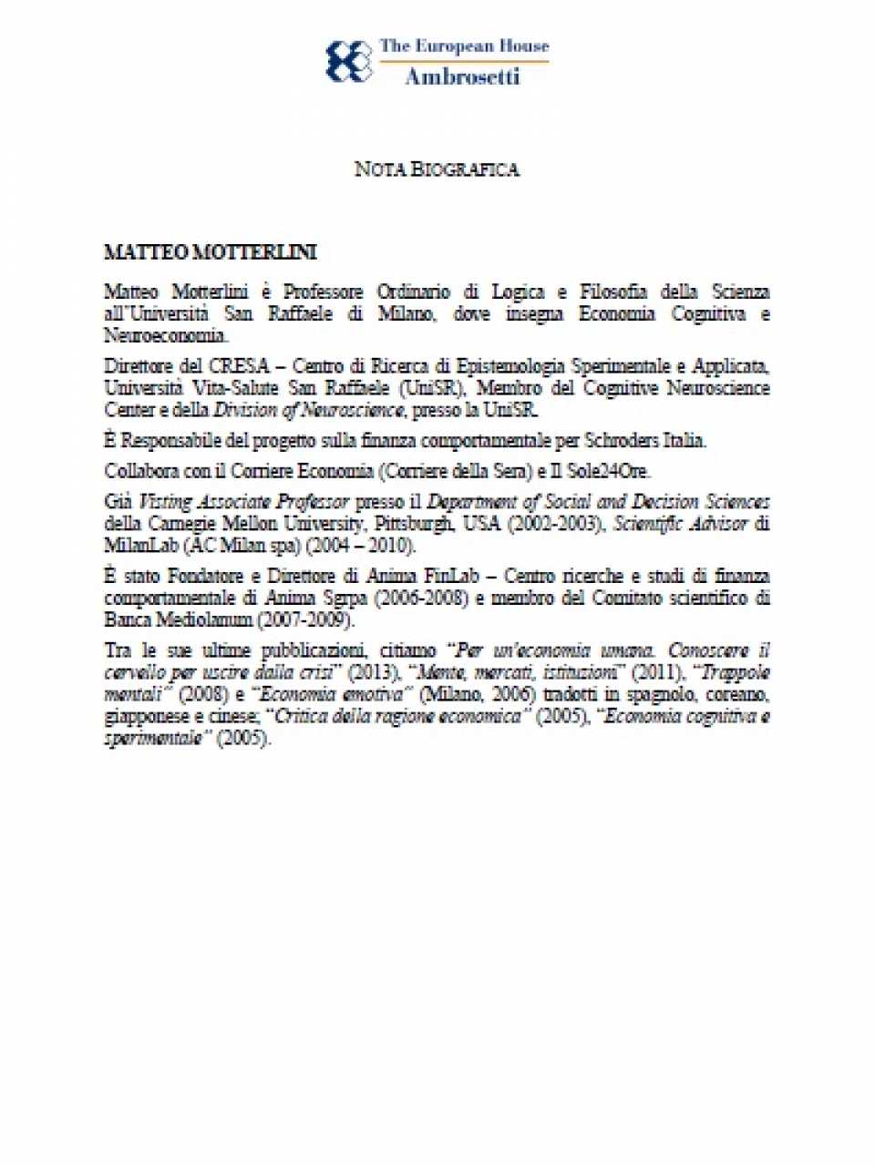 Nota biografica - Matteo Motterlini