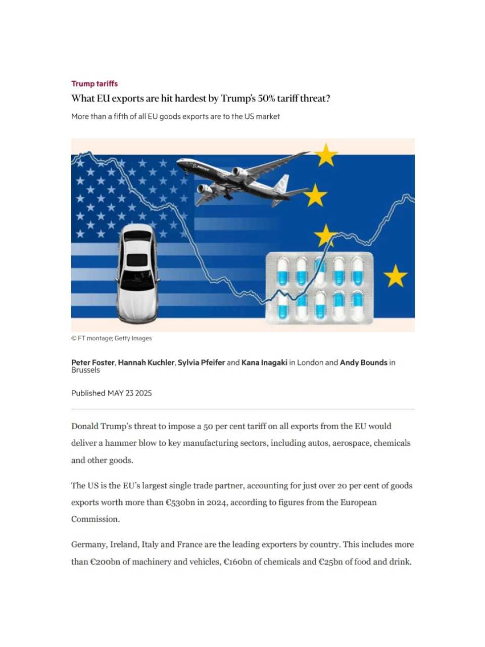 What EU exports are hit hardest by Trump’s 50% tariff threat?