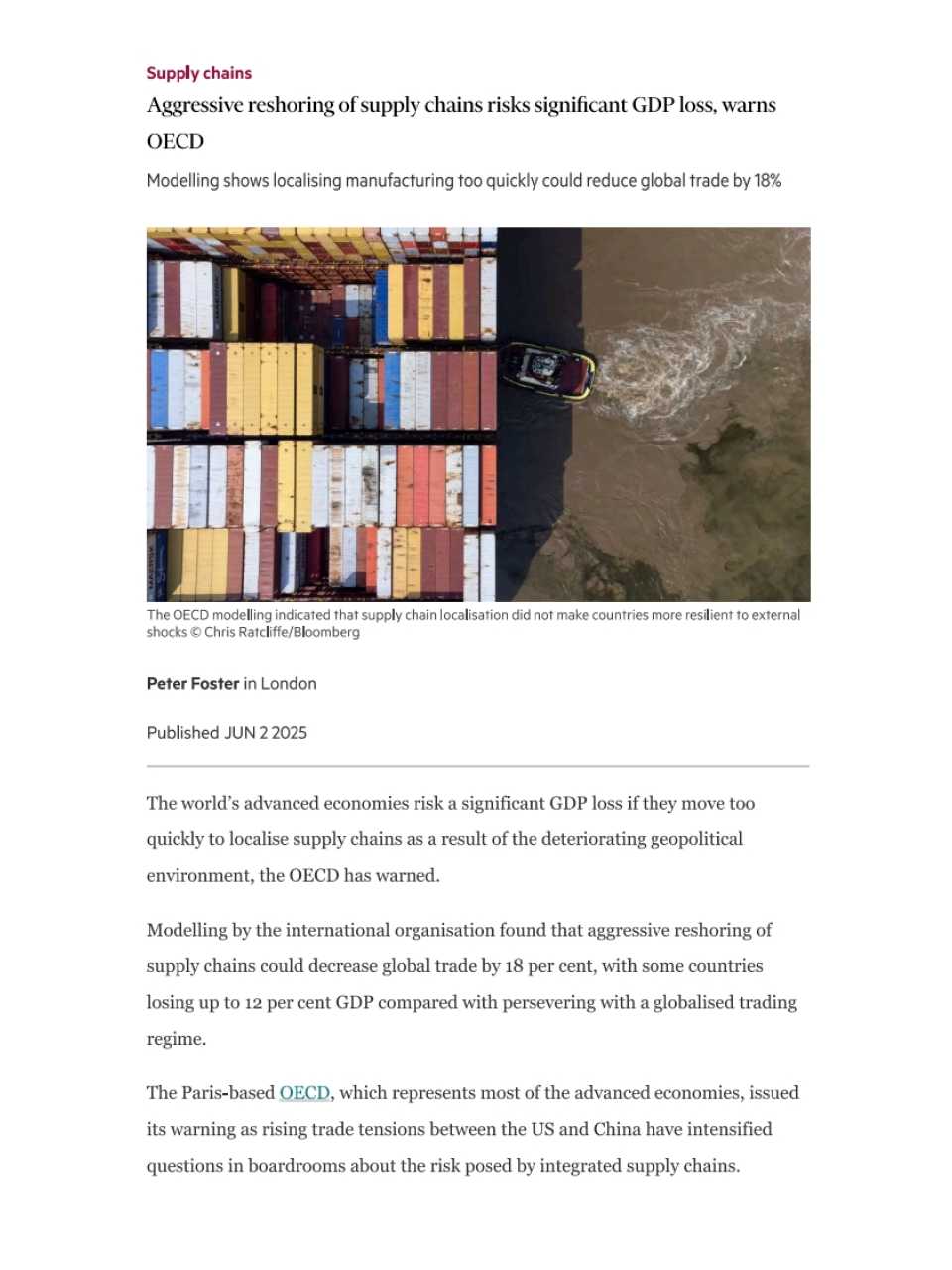 Aggressive reshoring of supply chains risks significant GDP loss, warns OECD