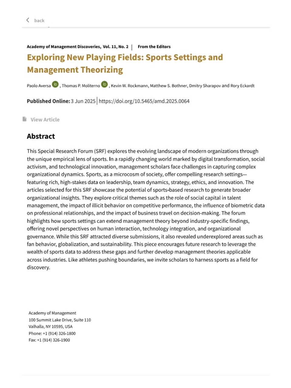 Exploring new playing fields: sports settings and management theorizing