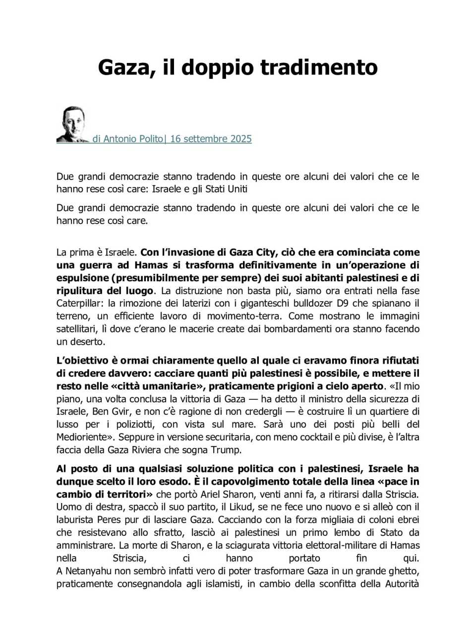 Gaza, il doppio tradimento