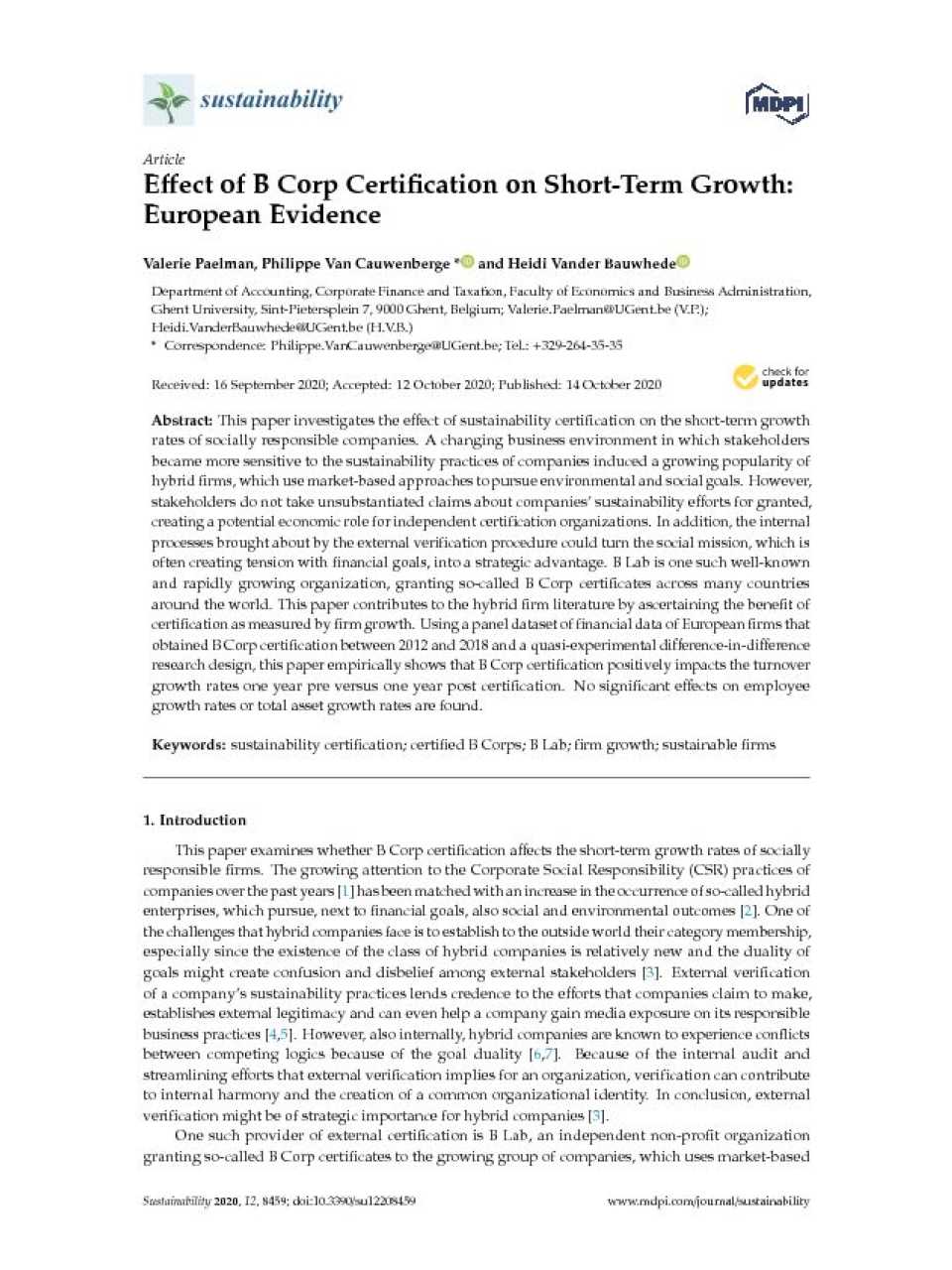 Effect of B Corp Certification on Short-Term Growth: European Evidence