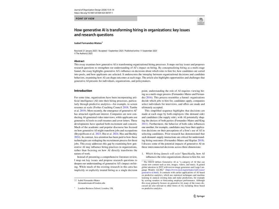 How generative AI is transforming hiring in organizations: key issues and research questions