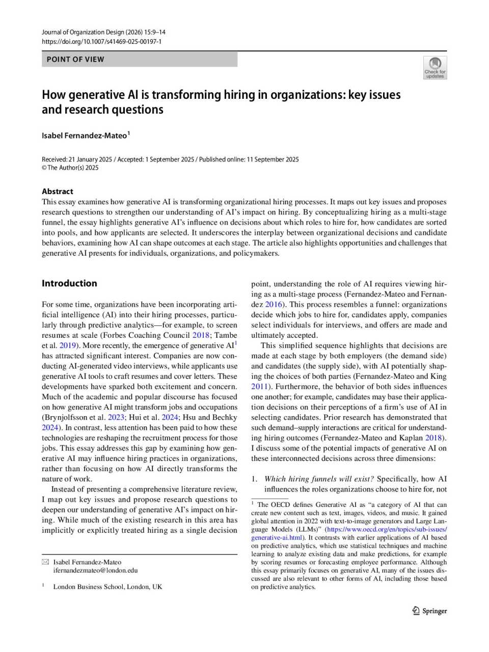 How generative AI is transforming hiring in organizations: key issues and research questions