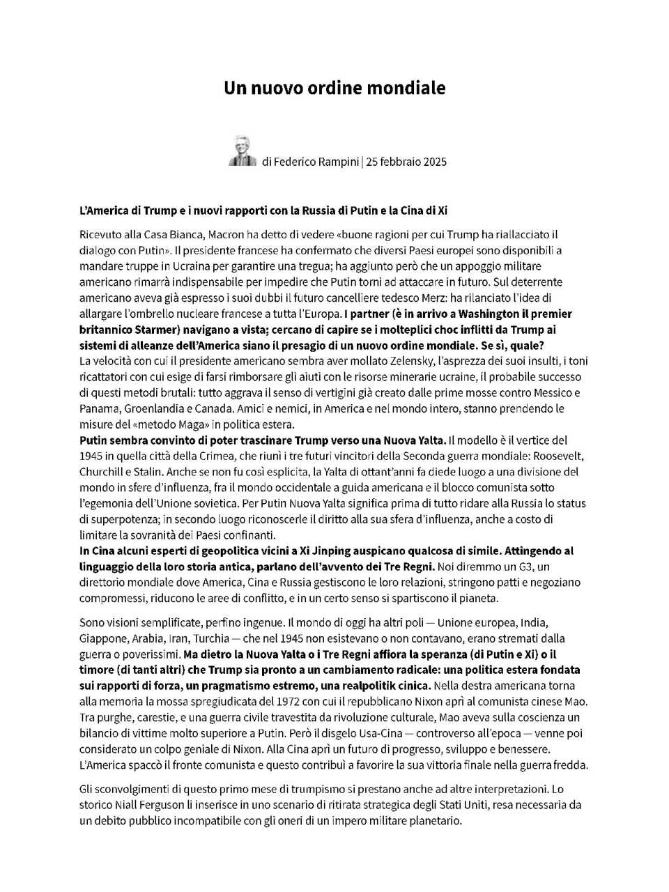 Un nuovo ordine mondiale