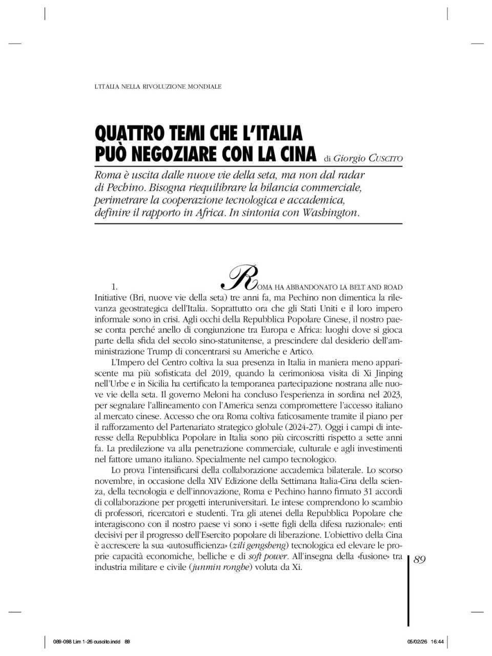 Quattro temi che l'Italia può negoziare con la Cina