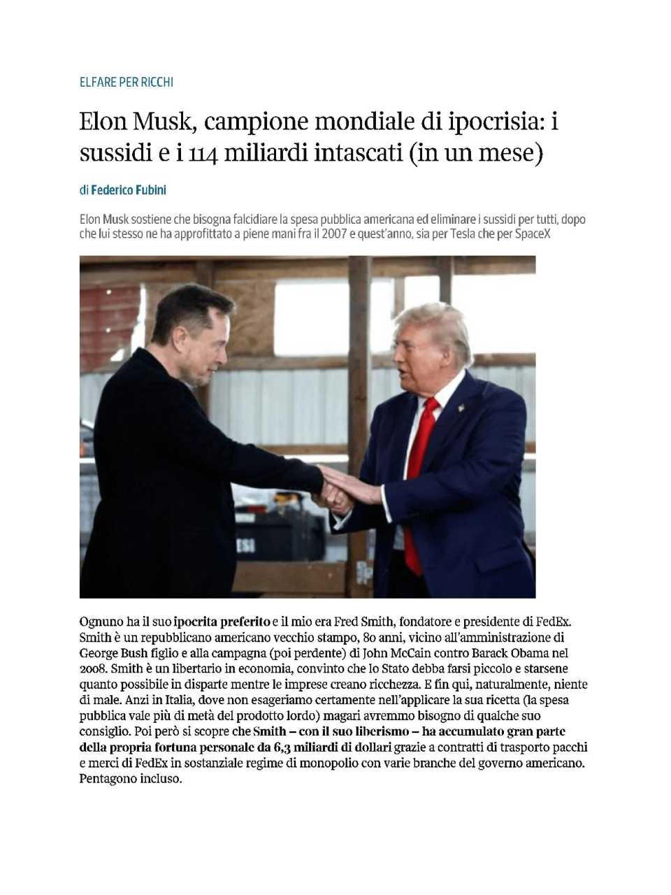 Elon Musk, campione mondiale di ipocrisia: i sussidi e i 114 miliardi intascati (in un mese)
