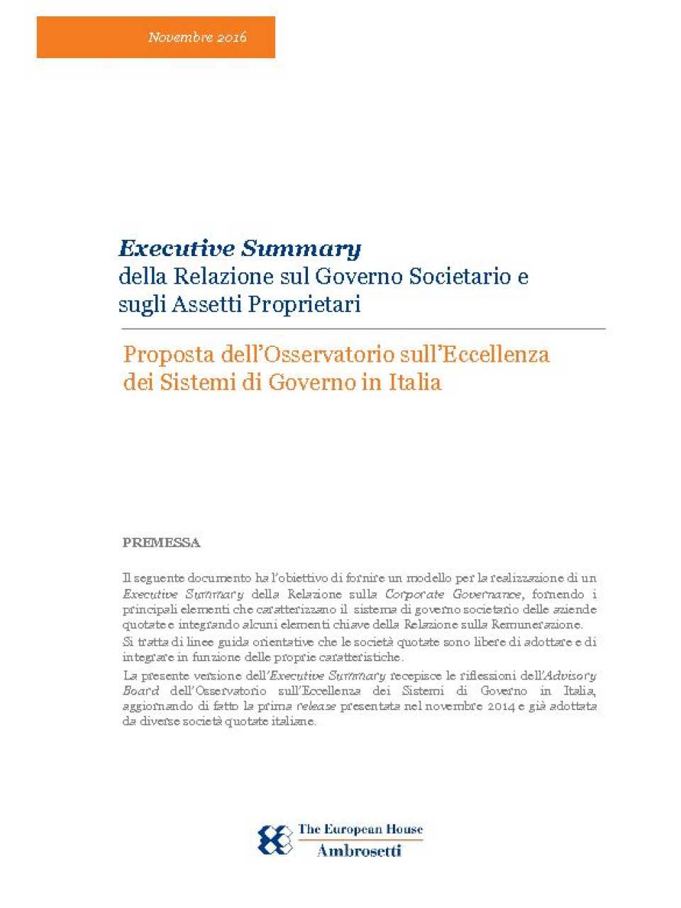 Executive Summary della Relazione sul Governo Societario e sugli Assetti Proprietari