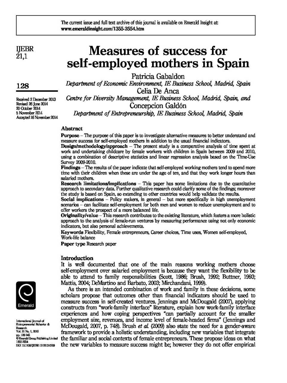 Measures of success for self-employed mothers in Spain