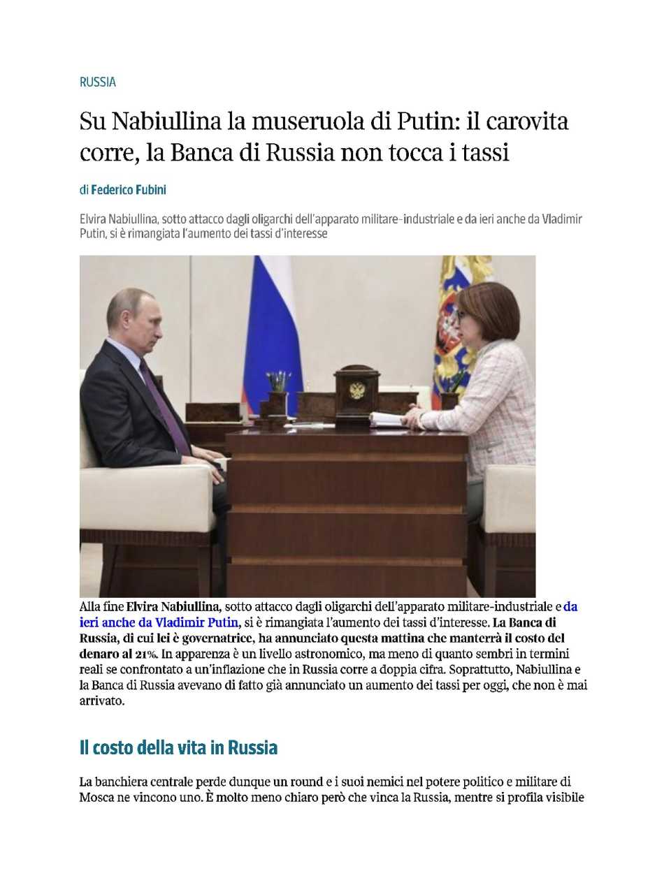 Su Nabiullina la museruola di Putin: il carovita corre, la Banca di Russia non tocca i tassi