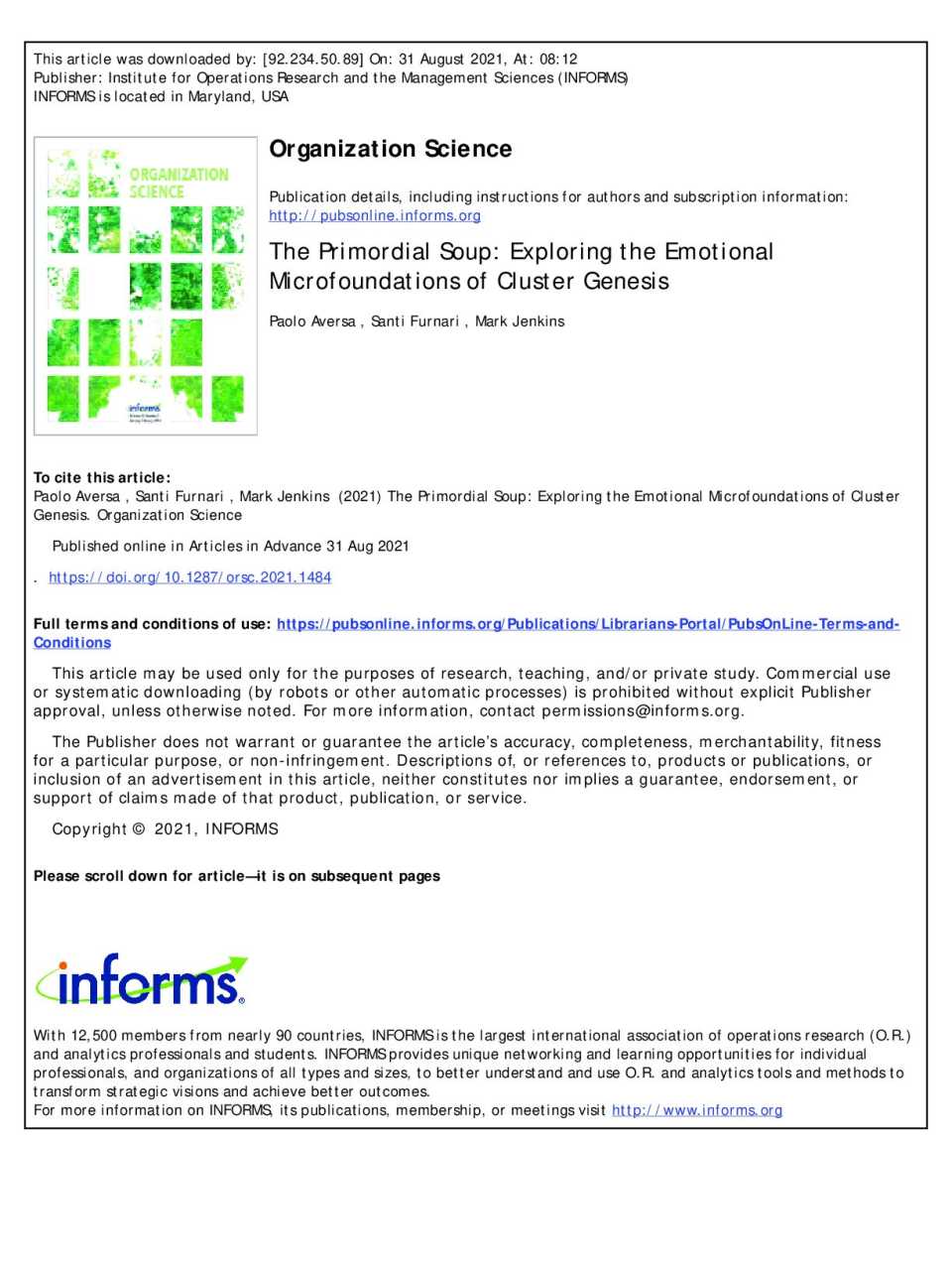 The primordial soup: exploring the emotional microfoundations of cluster genesis