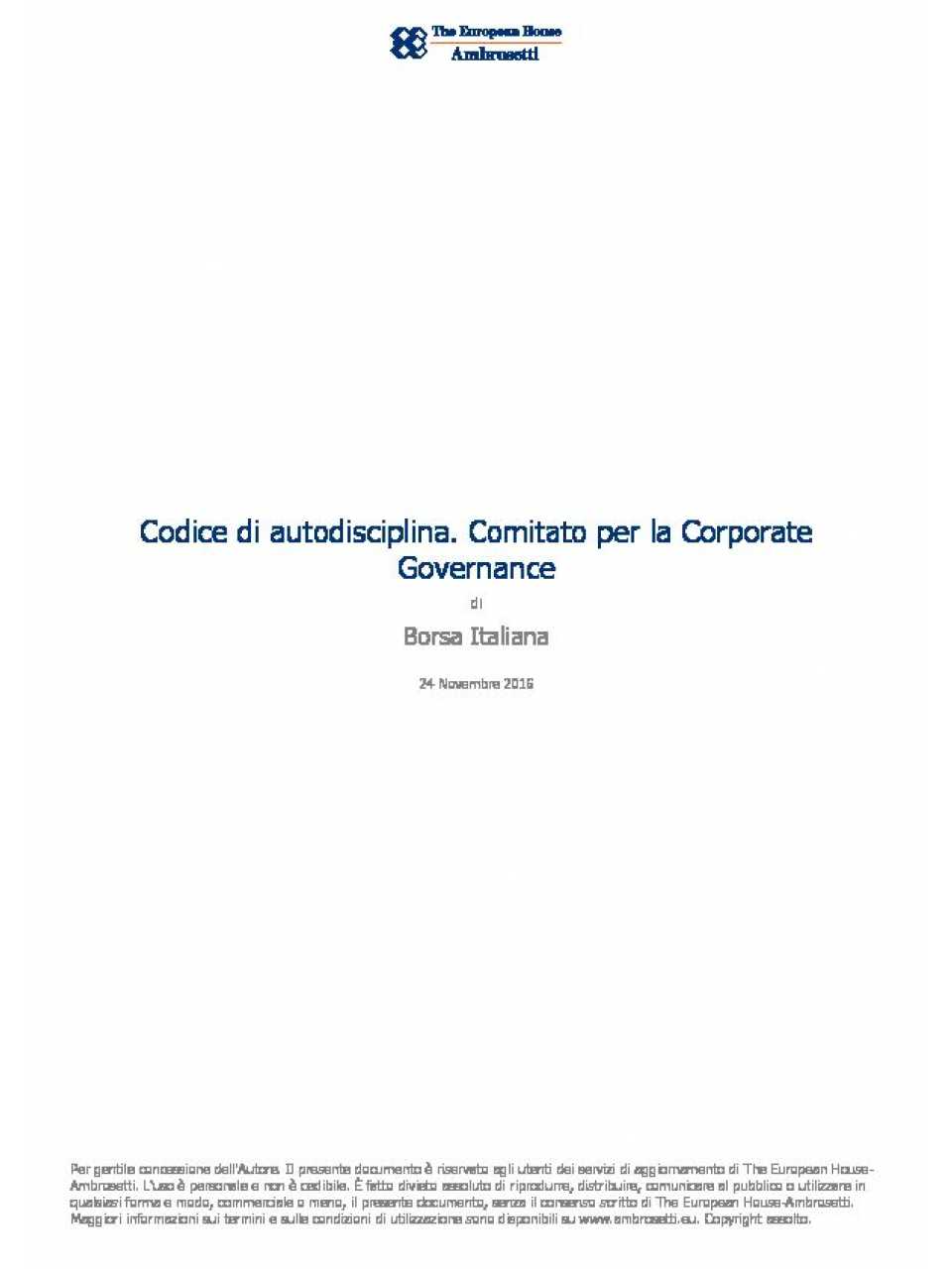 Codice di autodisciplina. Comitato per la Corporate Governance