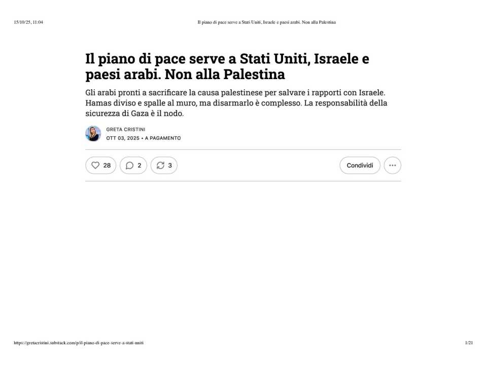 Il piano di pace serve a Stati Uniti, Israele e paesi arabi. Non alla Palestina