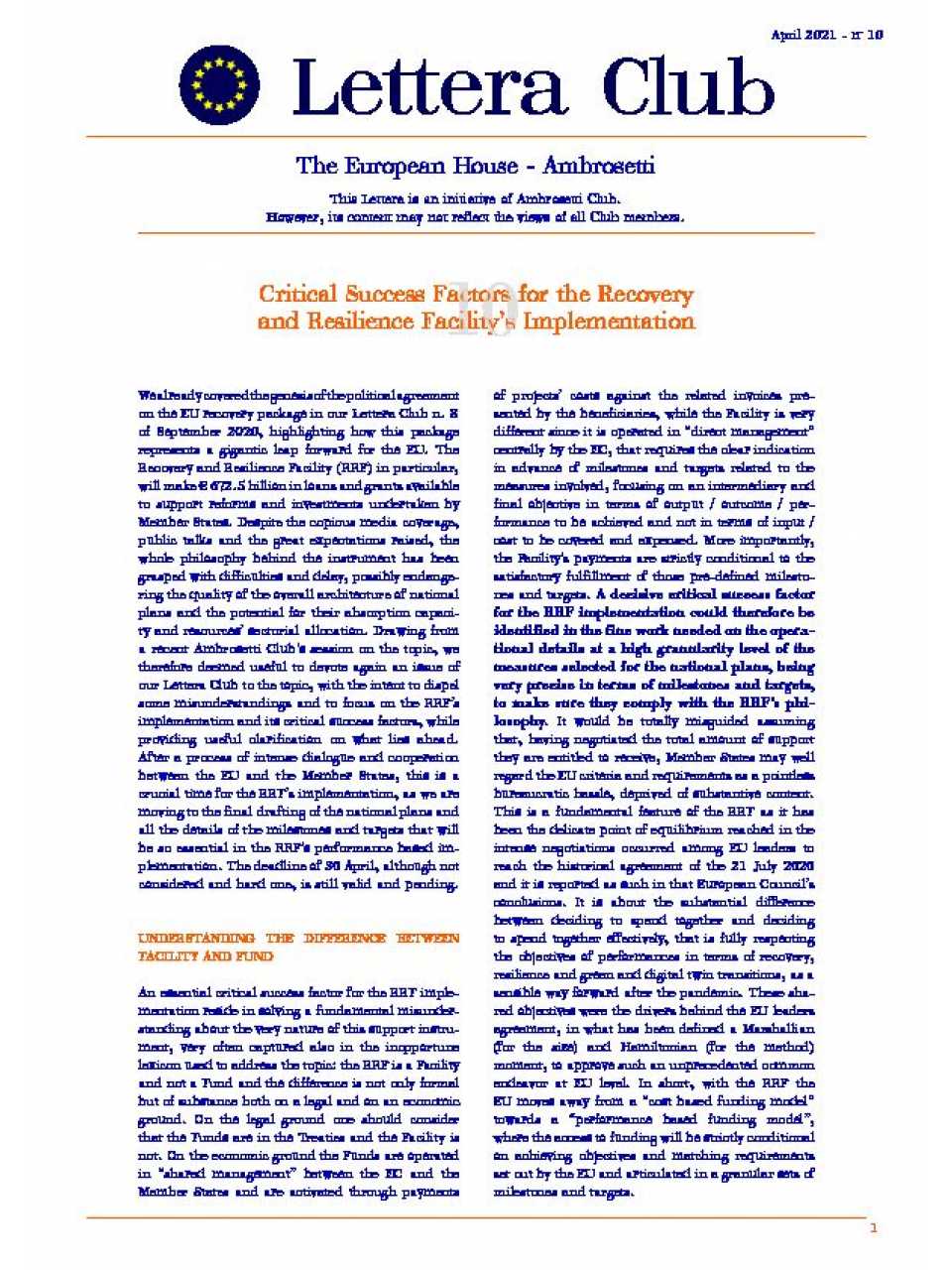 Lettera Club Europe n. 10 - Critical success factors for the recovery and resilience facility’s implementation