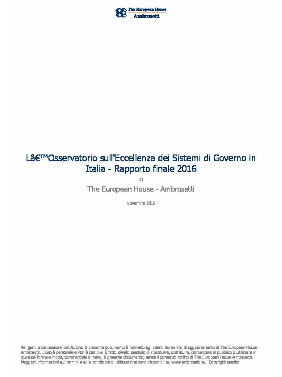 L'Osservatorio sull'Eccellenza dei Sistemi di Governo in Italia - Rapporto finale 2016