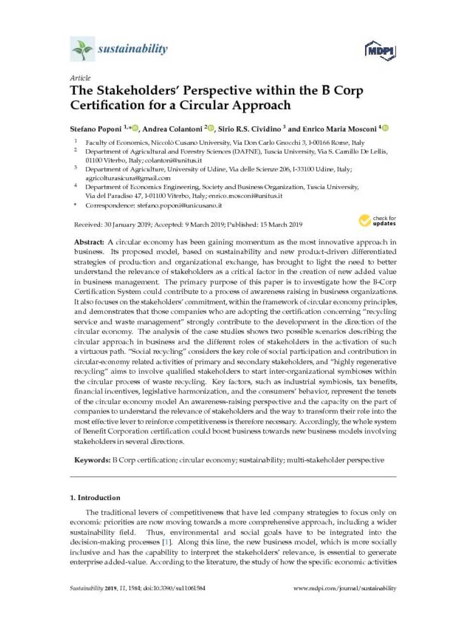 The Stakeholders’ Perspective within the B Corp Certification for a Circular Approach