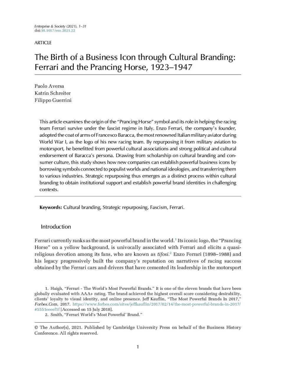 The birth of a business icon through cultural branding: Ferrari and the Prancing Horse, 1923 - 1947