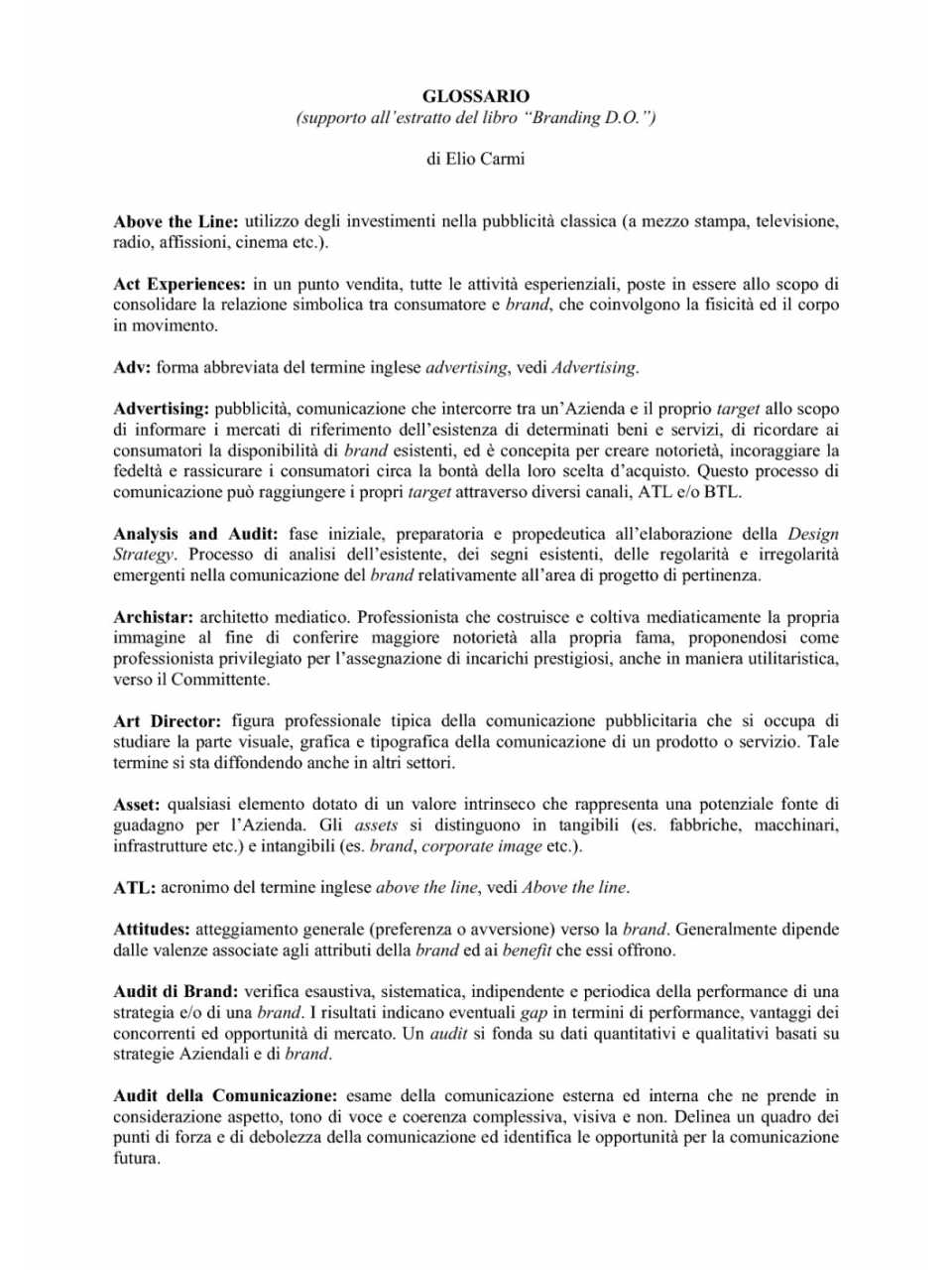 Glossario. Supporto all'estratto del libro Branding D.O.