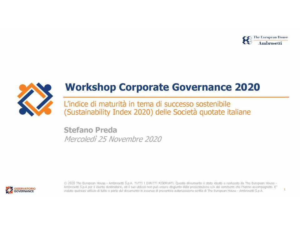 L’indice di maturità in tema di successo sostenibile (Sustainability Index 2020) delle Società quotate italiane