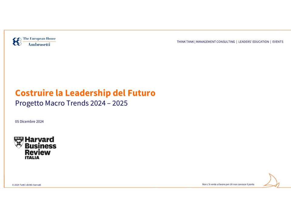 AGGIORNAMENTO PERMANENTEIN PRESENZA E VIA WEB
“La leadership necessaria”: presentazione del rapporto Macrotrends 2024 – 2025 di Harvard Business Review Italia (con pranzo di networking)
