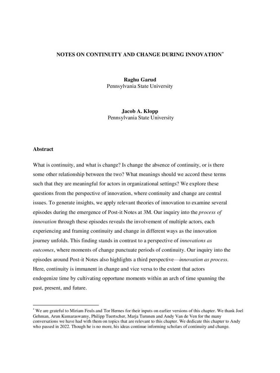 Notes on continuity and change during innovation*
