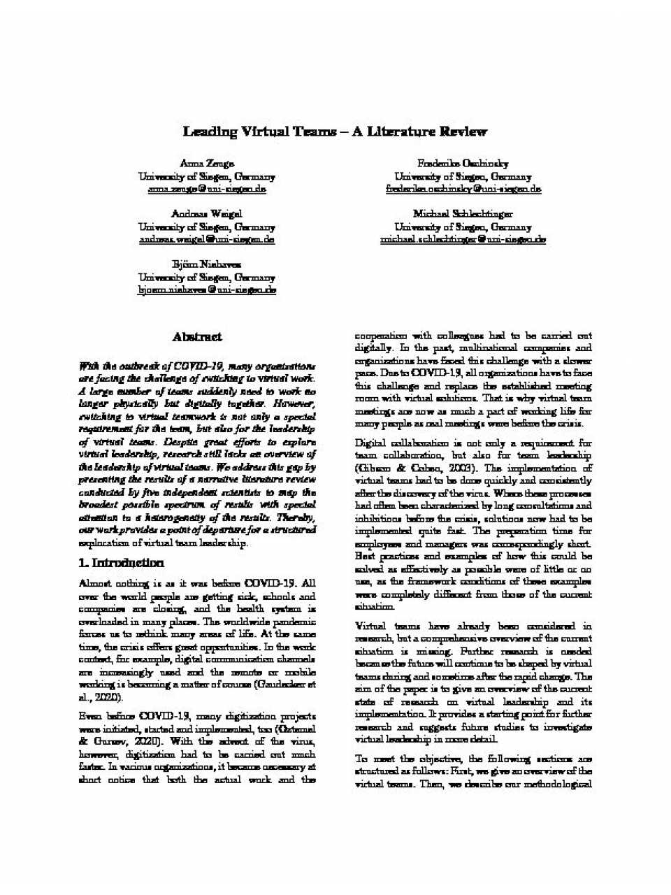 Leading Virtual Teams – A Literature Review