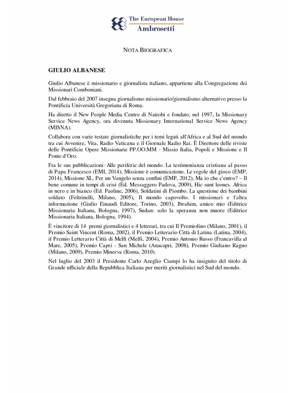 Nota biografica - Giulio Albanese