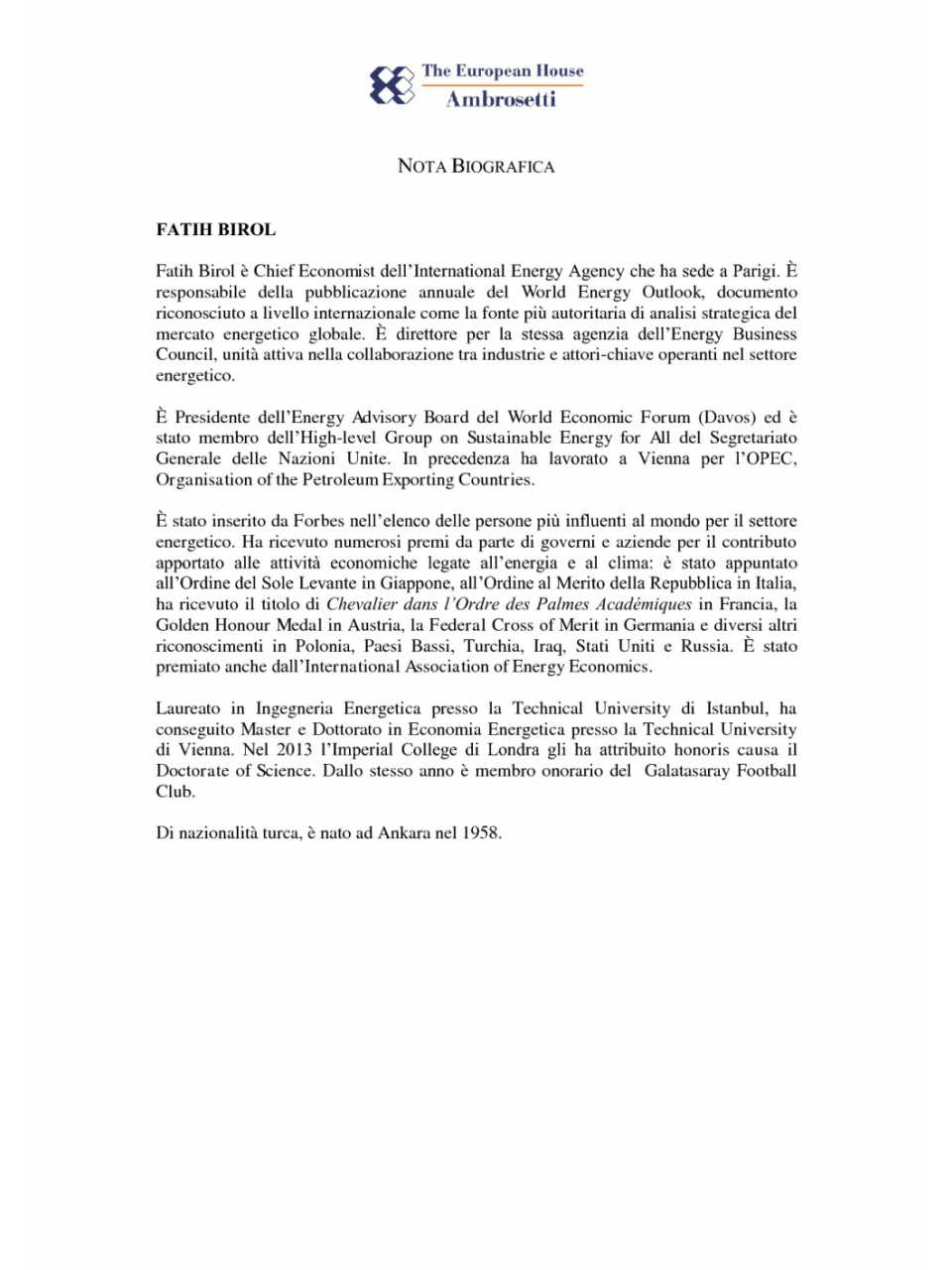 Nota biografica - Fatih Birol