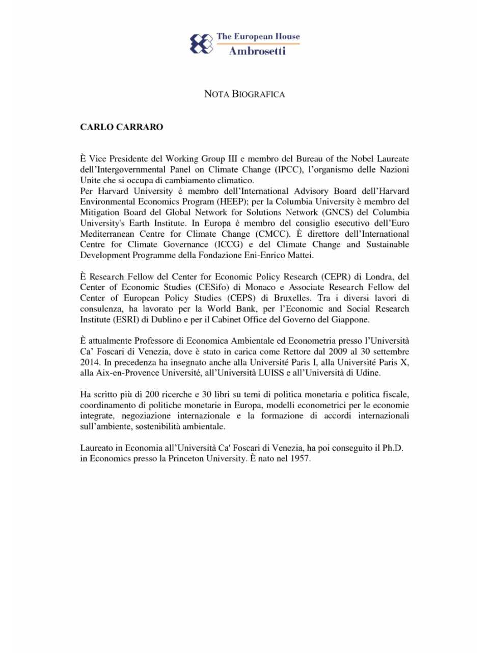 Nota biografica - Carlo Carraro