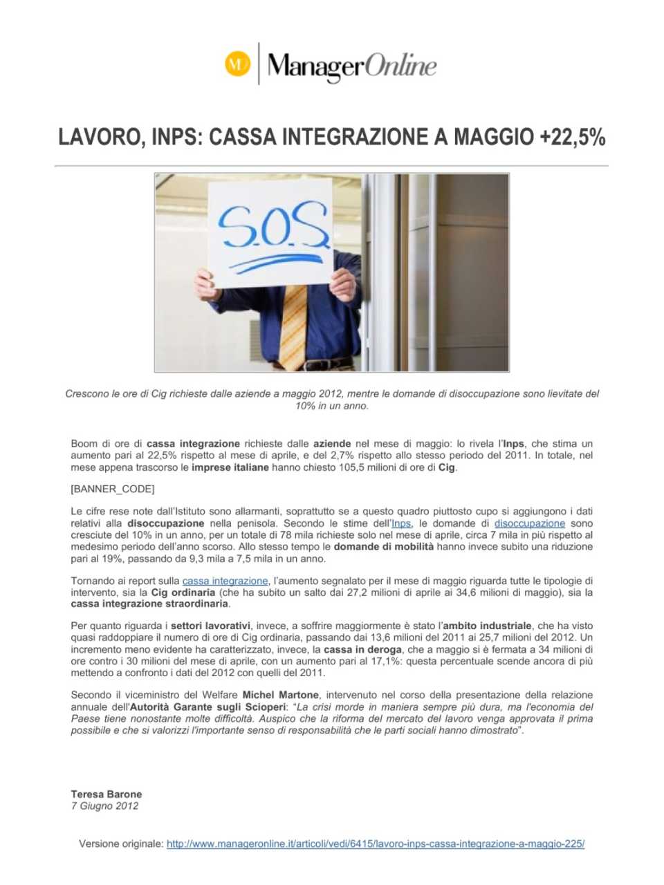Lavoro, INPS: cassa integrazione a maggio + 22,5%