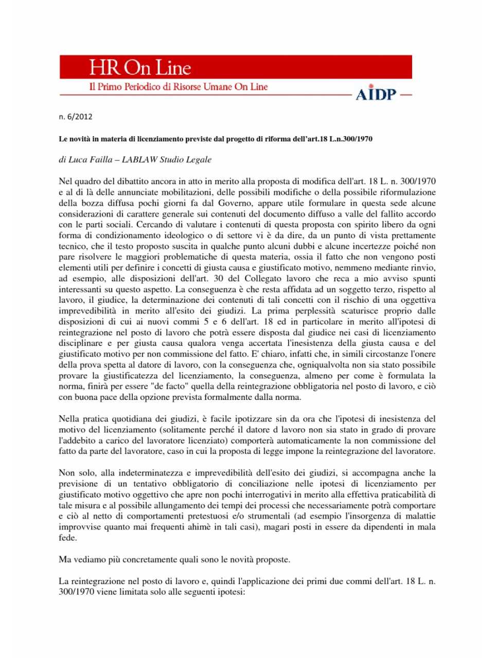 Le novità in materia di licenziamento previste dal progetto di riforma dell’Art. 18 L.n. 300/1970