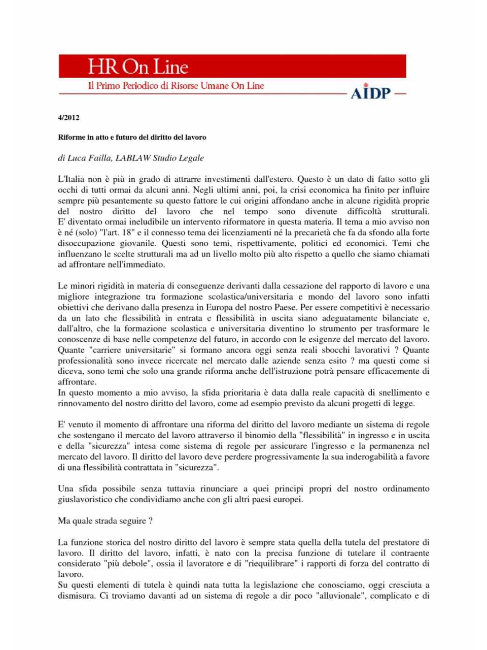 Riforme in atto e futuro del diritto del lavoro