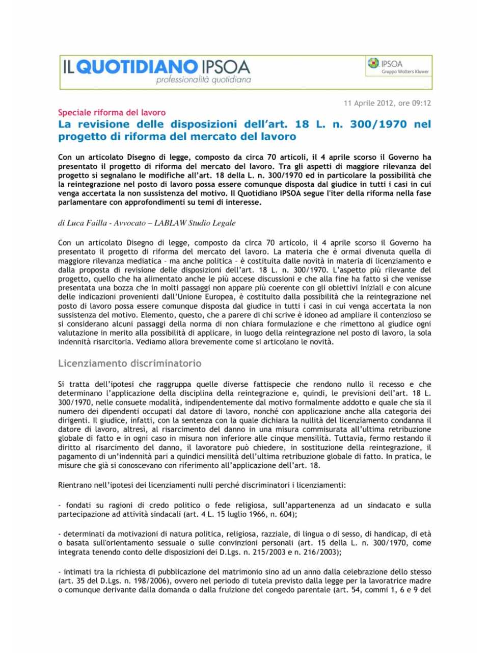 La revisione delle disposizioni dell’art. 18 L.n. 300/1970 nel progetto di riforma del mercato del lavoro